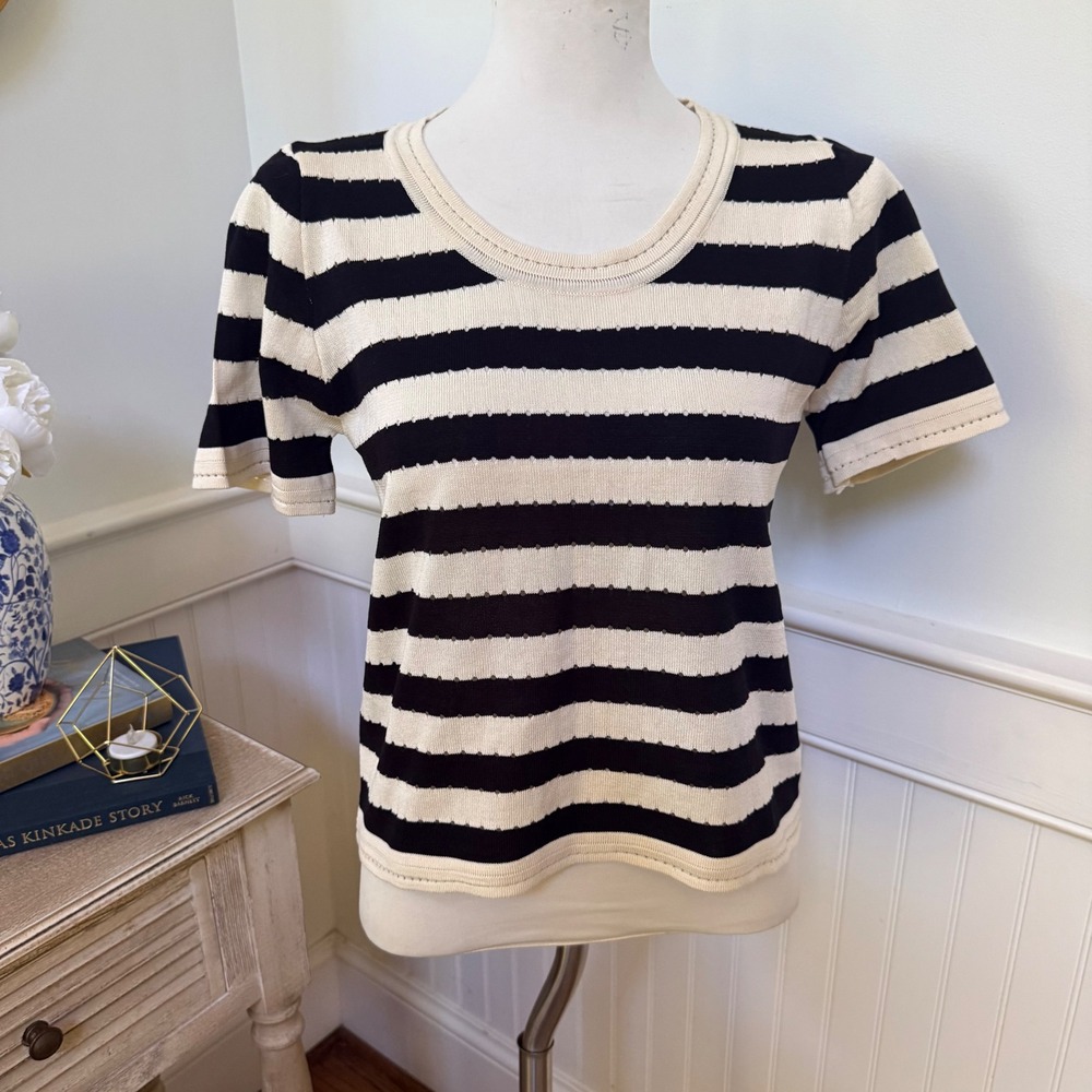 Vince Womens Striped‎ Cotton Short Sleeve Knit Top Black Off White Small NEW